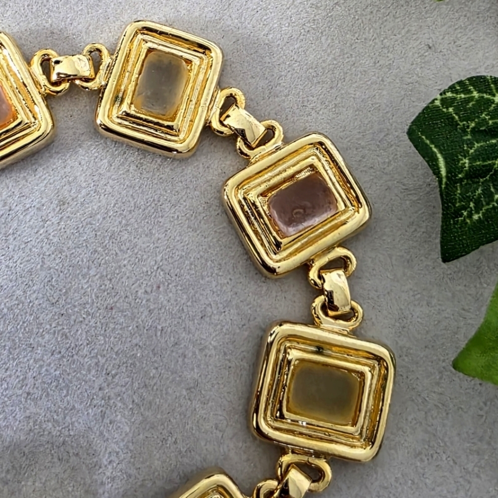 Gold Square Link Bracelet with Frosted Acrylic Glass Stones - Picture 3 of 10